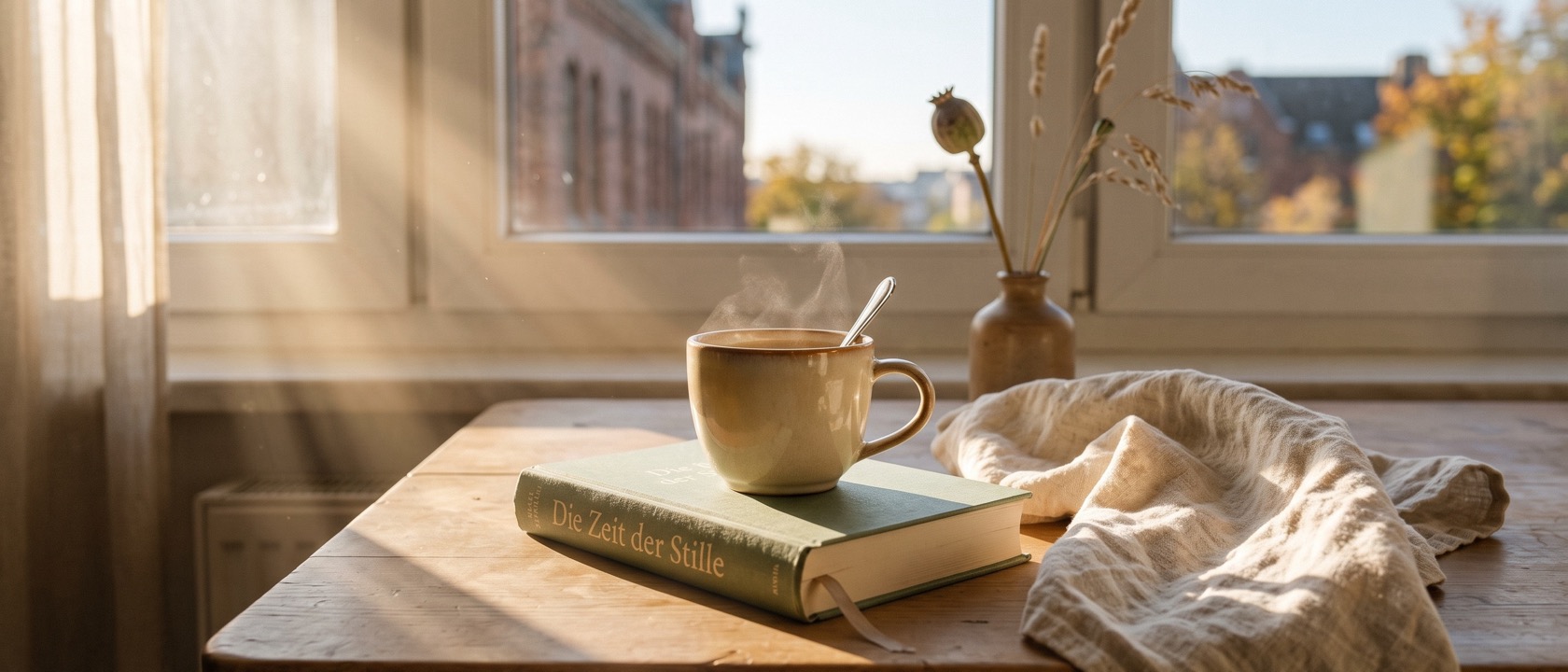 Ruhiges Morgenlicht am Fenster, ein Buch und eine dampfende Tasse Tee
