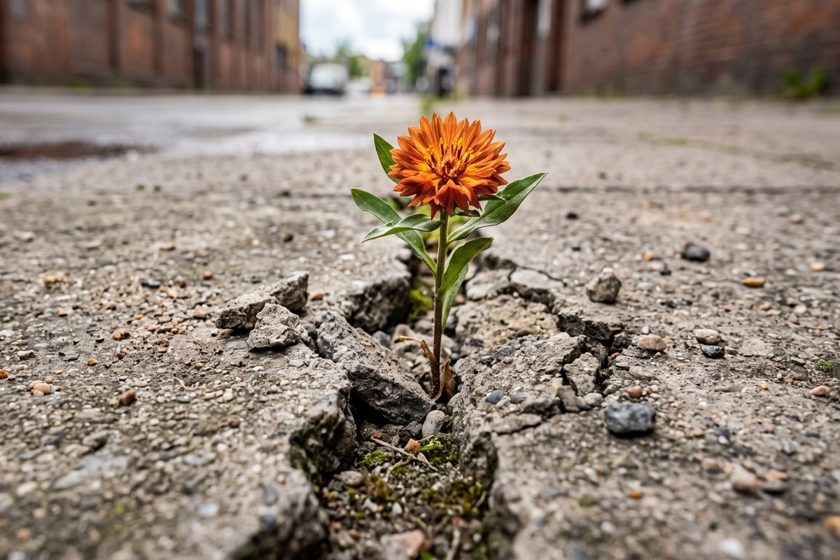 Eine leuchtend orange Blüte, die durch einen Riss im Beton wächst